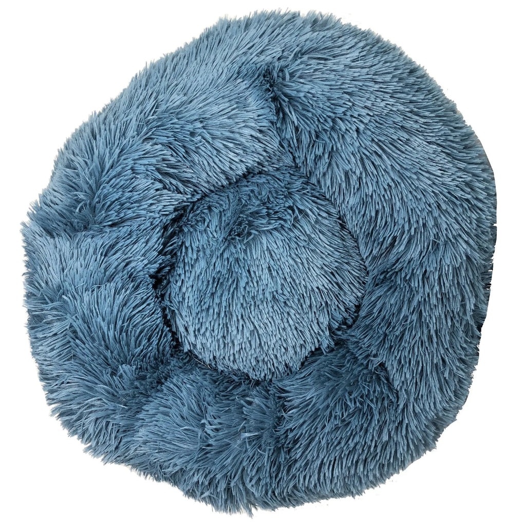 Dusty blue plush round dog bed with soft raised bolster edge