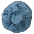 Dusty blue plush round dog bed with soft raised bolster edge