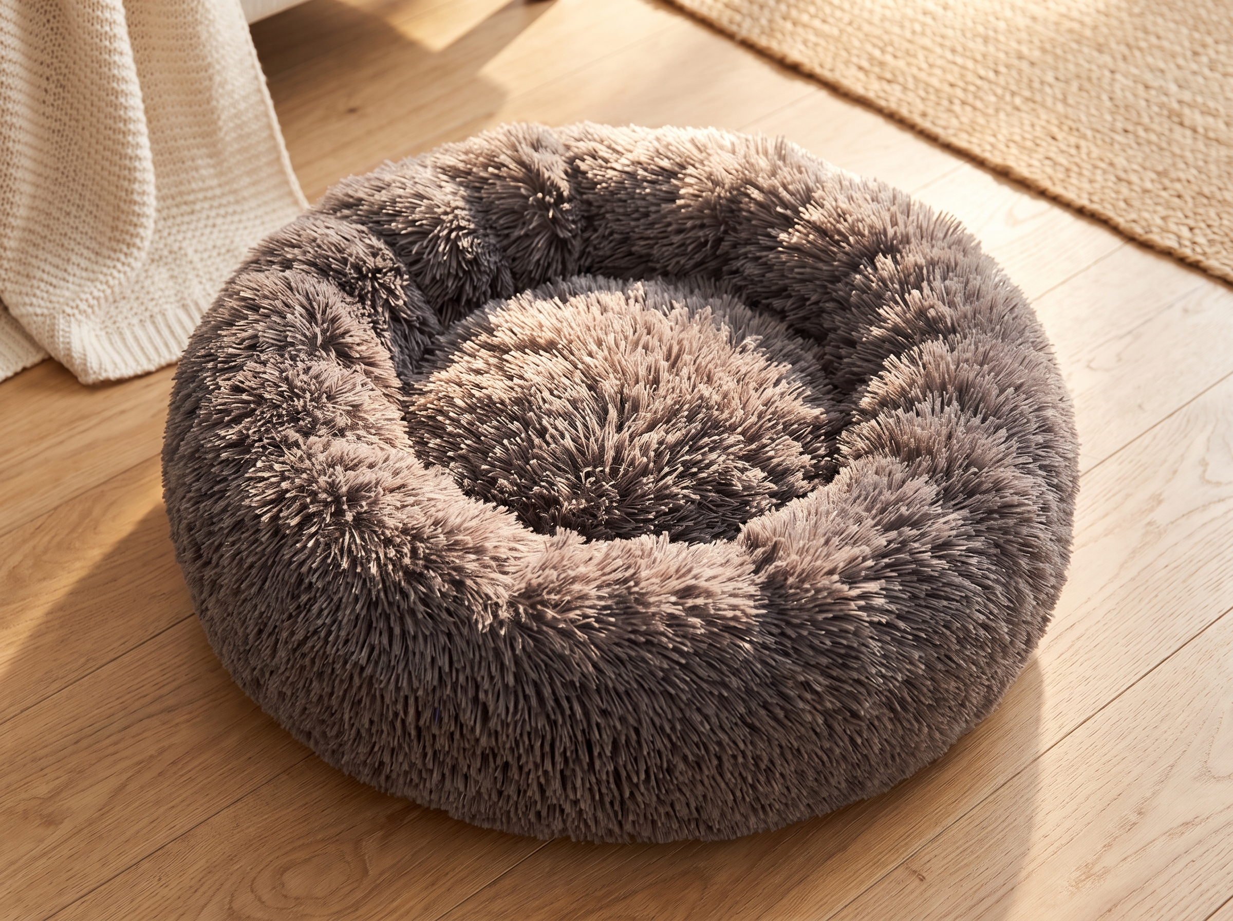 Close overhead detail of the plush round dog bed fibers catching warm afternoon light