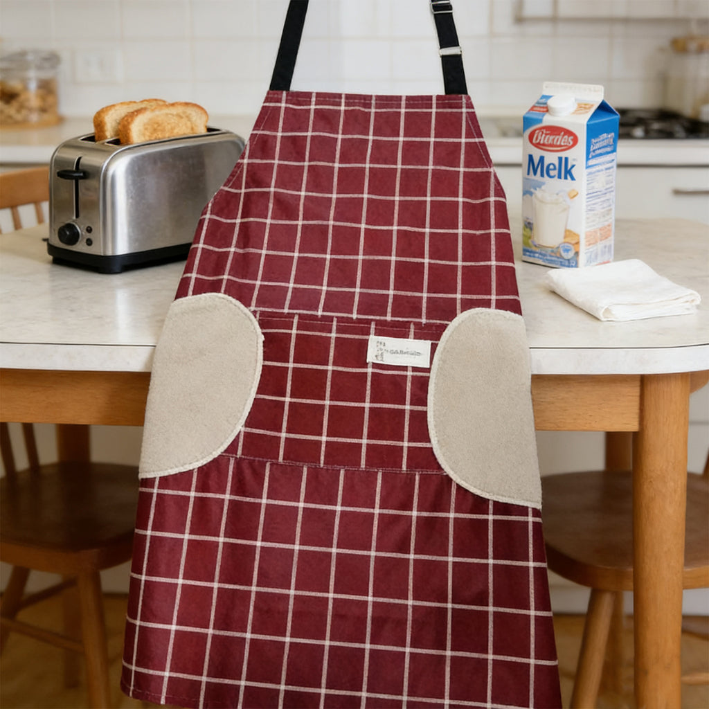Red plaid cotton kitchen apron worn front-on in a home kitchen