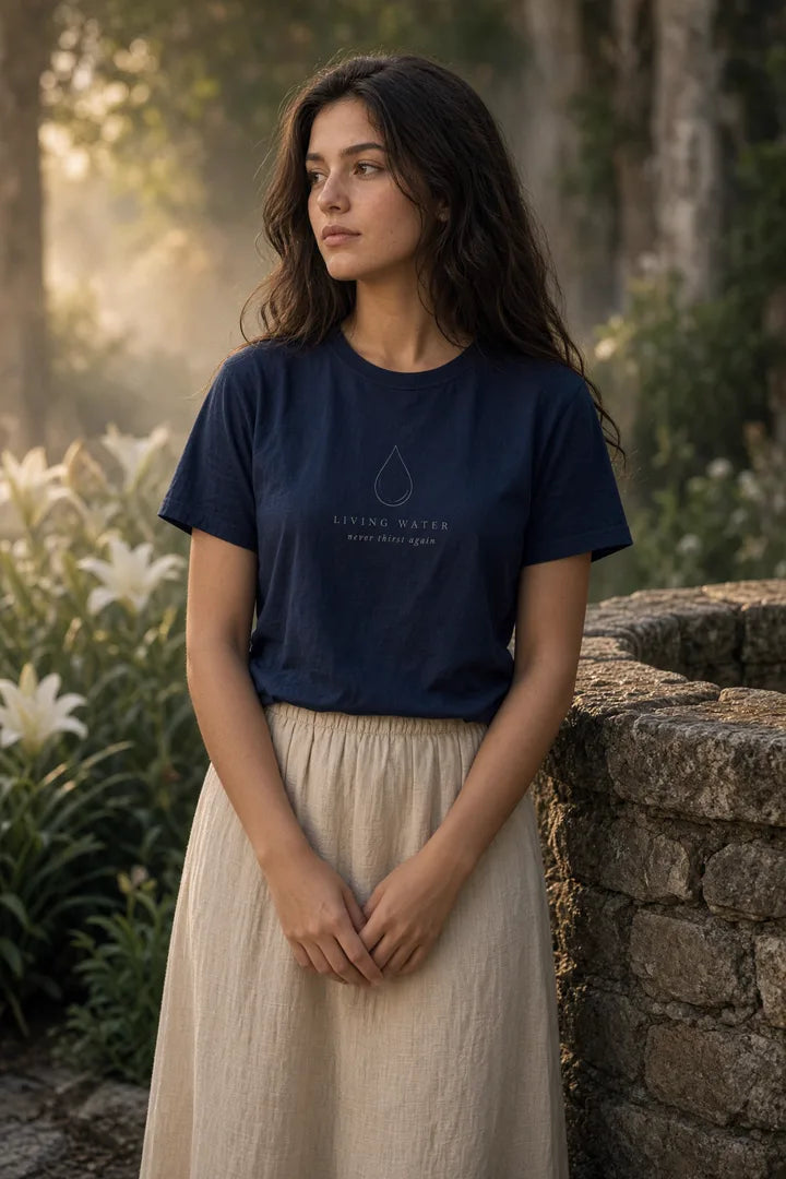 Woman with dark wavy hair wearing a navy Living Water tee with a water droplet print.