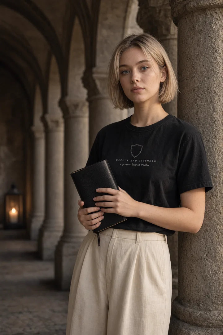 Woman with a blonde bob holding a Bible wearing a black Refuge and Strength shield tee.