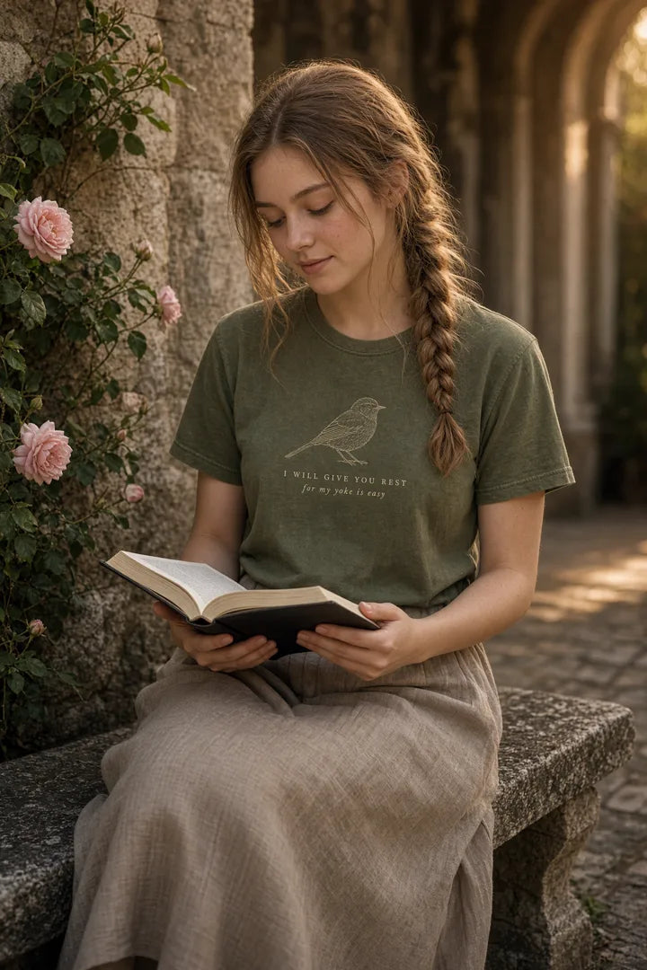 Woman reading a Bible on a bench wearing an olive I Will Give You Rest sparrow tee.