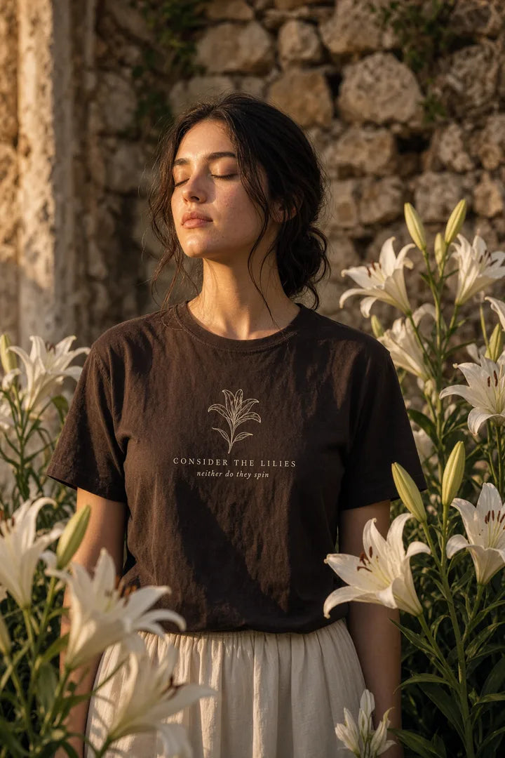 Woman with dark hair among lilies wearing a brown Consider the Lilies lily print tee.