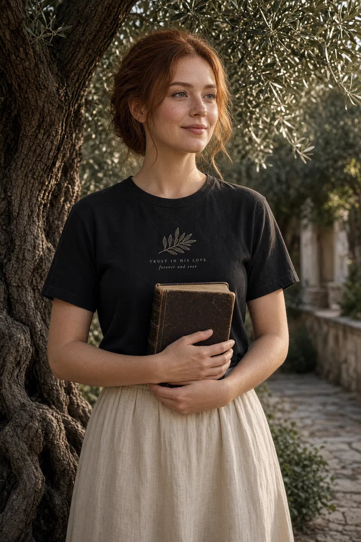 Woman with auburn hair holding a Bible wearing a black Trust in His Love olive branch tee.